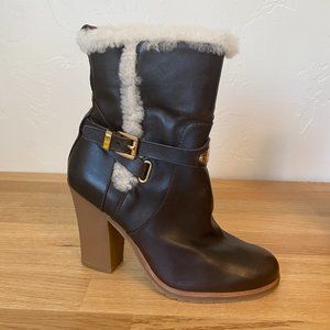 MICHAEL KORS Women's Brown Leather Shearling Heeled Boots Size 7